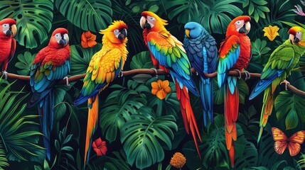 Fototapeta premium Colorful Parrots Perched on Branch in Vibrant Tropical Jungle with Lush Green Leaves and Flowers