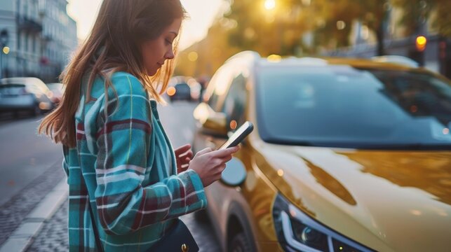 A woman using a mobile app to locate and reserve an electric car in a car-sharing service