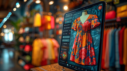 digital fashion design platform displaying colorful dresses on an iPad screen, with the background showing hanging in a store