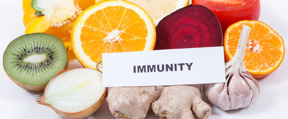 Inscription immunity and fresh fruits with vegetables. Source natural vitamins and minerals....