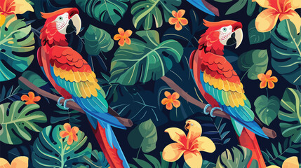 Seamless pattern with amazon parrots tropical leaves