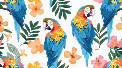Seamless pattern with amazon parrots tropical leaves
