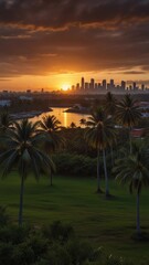 Obraz premium flat illustration of coconut tree with sunset