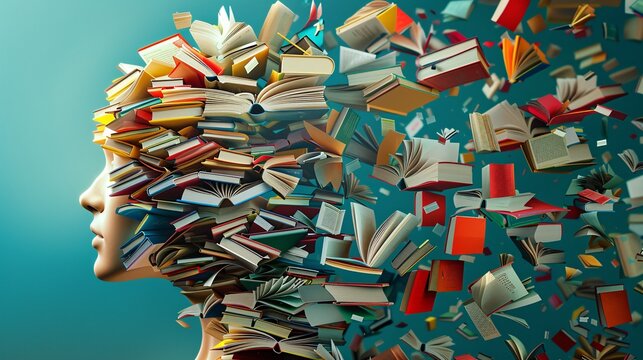 A conceptual representation of the mind and literature, symbolizing creativity, design, and the concept of mental well-being, cognition, and learning.