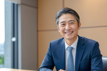 オフィスで微笑む50代～60代のイケメンビジネスマン