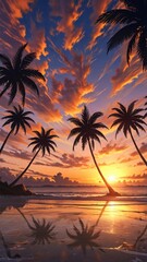 flat illustration of coconut tree with sunset