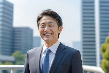 オフィスで微笑む50代～60代のイケメンビジネスマン