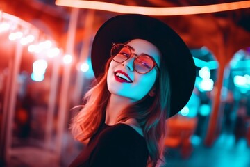 Young pretty hipster woman in glasses and hat is dancing in neon lights