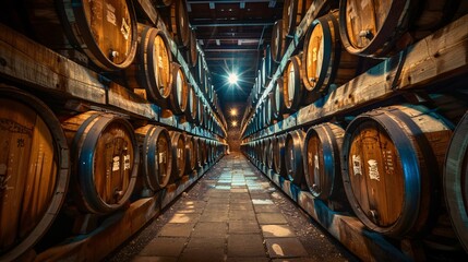 Oak casks maturing in storage facility