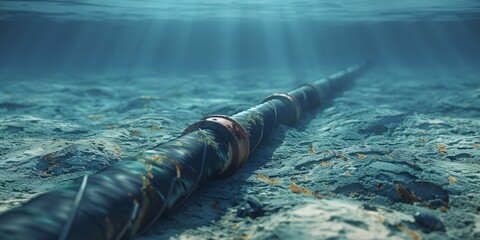 A damaged undersea cable causing internet disruption. 3D visualization.