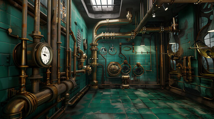 Fototapeta premium A clock with roman numerals is mounted on a wall in a room with pipes and valves