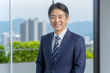 オフィスで微笑む50代～60代のイケメンビジネスマン