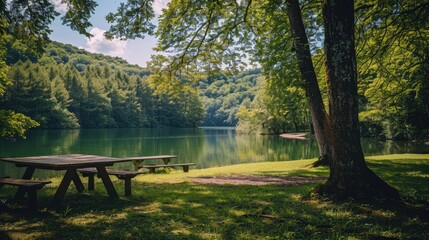 Scenic fishing spot by the lake perfect for a picnic with a beautiful natural backdrop
