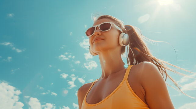 Young Caucasian Fitness Woman Wearing Headphones | Listening to Music on Sunny Beach Day, Active Lifestyle