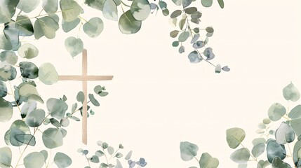 Invitation for a religious ceremony featuring eucalyptus foliage and a cross, celebrating the baptism and christening of a child.