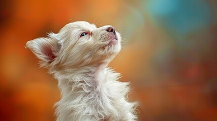  A tight shot of a small white dog; head raised, eyes shut, gazing at something in the sky, backdrop softly blurred with vibrant hues