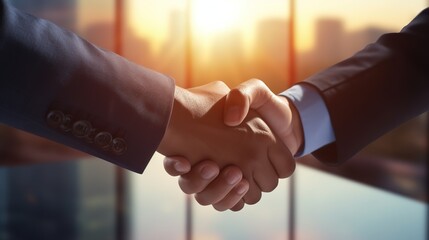 Handshaking and two businessmen shaking hands with partners to celebrate cooperation and business agreement concept. The background is a finished puzzle.