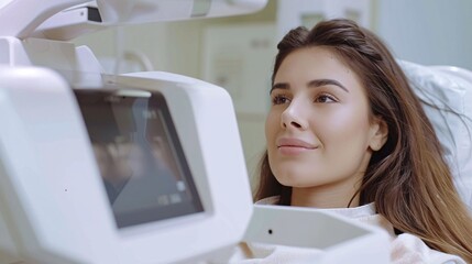 Woman receiving bone density scan for osteoporosis on C Bone Densitometer Machine.