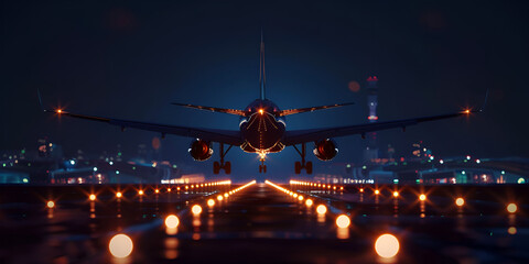 Large Jetliner Flying Over Runway at Night .
