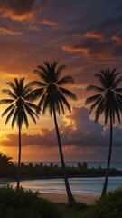 Obraz premium flat illustration of coconut tree with sunset