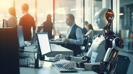 Humans and robots (AI) work together on computers in a futuristic business office. Future cooperation trends of robots and colleagues