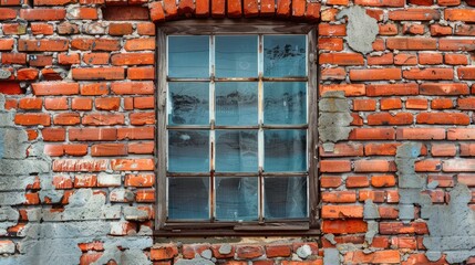 Antique window in a red brick wall with a thick glass panel