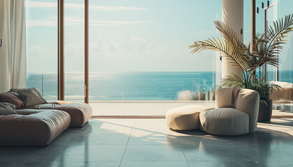 A large white living room with a view of the ocean