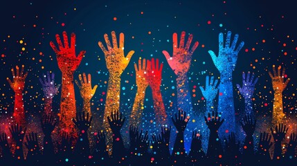 Hands raised up seamless pattern of united states people. Red and blue color community group background for july 4th holiday. American vote, social event.