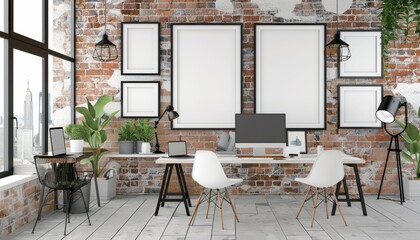 Rustic Charm: Blank Photo Frames Collage on Brick Wall Interior Mockup