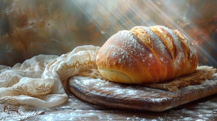 A rustic bread loaf with a dusting of flour on a wooden background with a vintage lace overlay