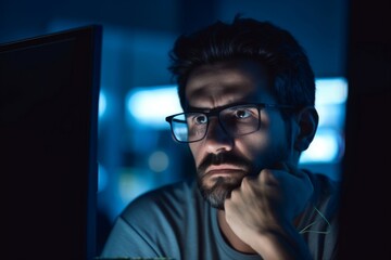 A focused and serious looking man working and thinking hard on a computer A focused and serious looking man working and thinking hard on a computer