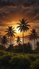 Obraz premium flat illustration of coconut tree with sunset