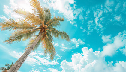 A palm tree is in the foreground of a blue sky with clouds