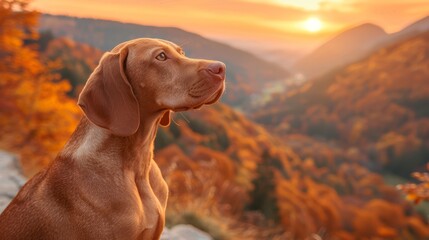  A brown dog sits atop a lush green hill, surrounded by a forest with yellow and orange trees in the distance Behind the scene, a sunset casts its warm hues over
