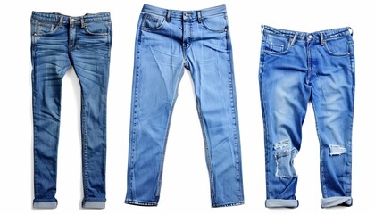 Versatile Denim: Top View Mock-Up of Blue Jeans Set for Men and Women on White Background