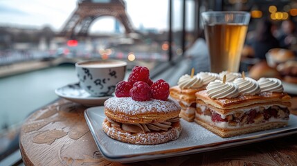 A set of delicate pastries on a Parisian café background with the Eiffel Tower in soft focus