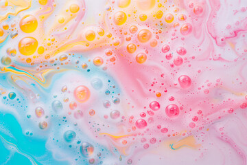 Abstract background colorful soapy foam texture. Shampoo foam with yellow, pink, blue bubbles. White foamy texture banner for bomb bath time or laundry, room cleaning