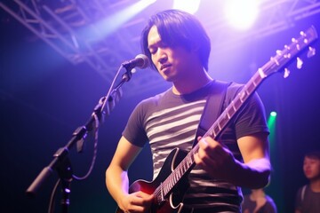 A young Japanese male guitarist is playing the guitar during a live music concert