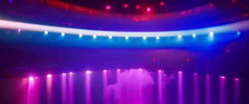 Bright, colorful stage lights in vivid reds, blues, and greens, casting dynamic beams and shadows