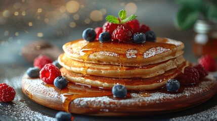 A stack of fluffy pancakes with syrup and berries on a sunny golden morning background