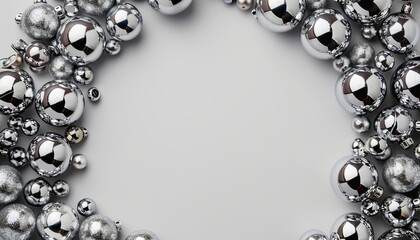 Fototapeta premium Silver Bells: A Festive Christmas Border on a Gray Background