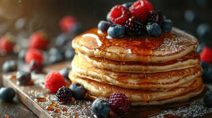 A stack of fluffy pancakes with syrup and berries on a sunny golden morning background