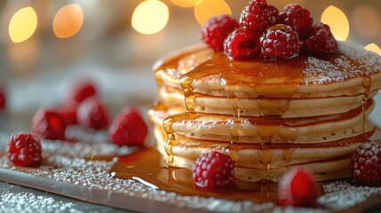 A stack of fluffy pancakes with syrup and berries on a sunny golden morning background