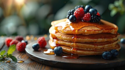 A stack of fluffy pancakes with syrup and berries on a sunny golden morning background