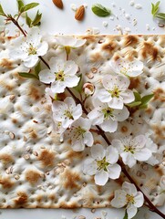 Almond blossoms adorn a Matzo on a clean canvas, symbolizing Passover festivities.