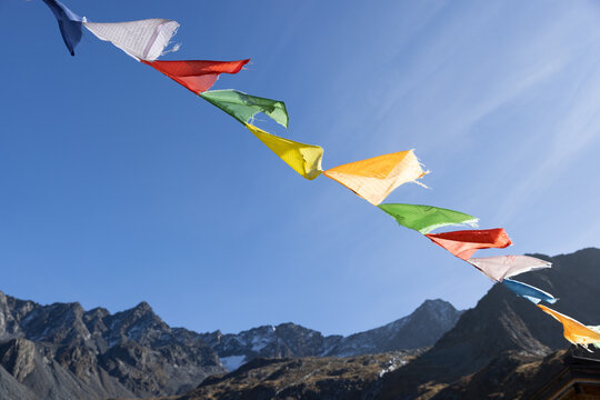Colorful prayer flags in the Stubai Alps, Tyrol, Austria
