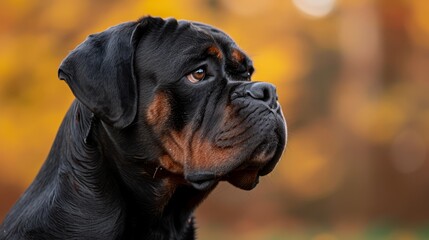 Obraz premium A tight shot of a dog's expressive face, set against a backdrop of out-of-focus autumnal leaves in hues of yellow and orange The canine's