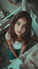 Fototapeta premium A young girl is captured from a high angle. Her striking blue eyes are the center of attention, reflecting the depth of emotion and curiosity