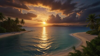 flat illustration of coconut tree with sunset