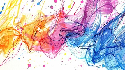 Fototapeta premium swirling hues of blue, yellow, red, and orange atop a white backdrop; concentration centered below, wherein these colors intertwine